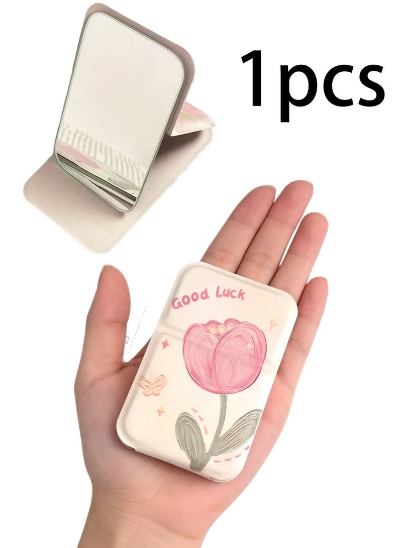 Pocket Mirror, Portable Folding Makeup Mirror, Compact Adjustable Small Mirror with Stand for Quick Touch-ups, Travel Handheld Mirror for Women Girls, Mini Mirror Great for Home, Office, Camping (Beige) - Image 1
